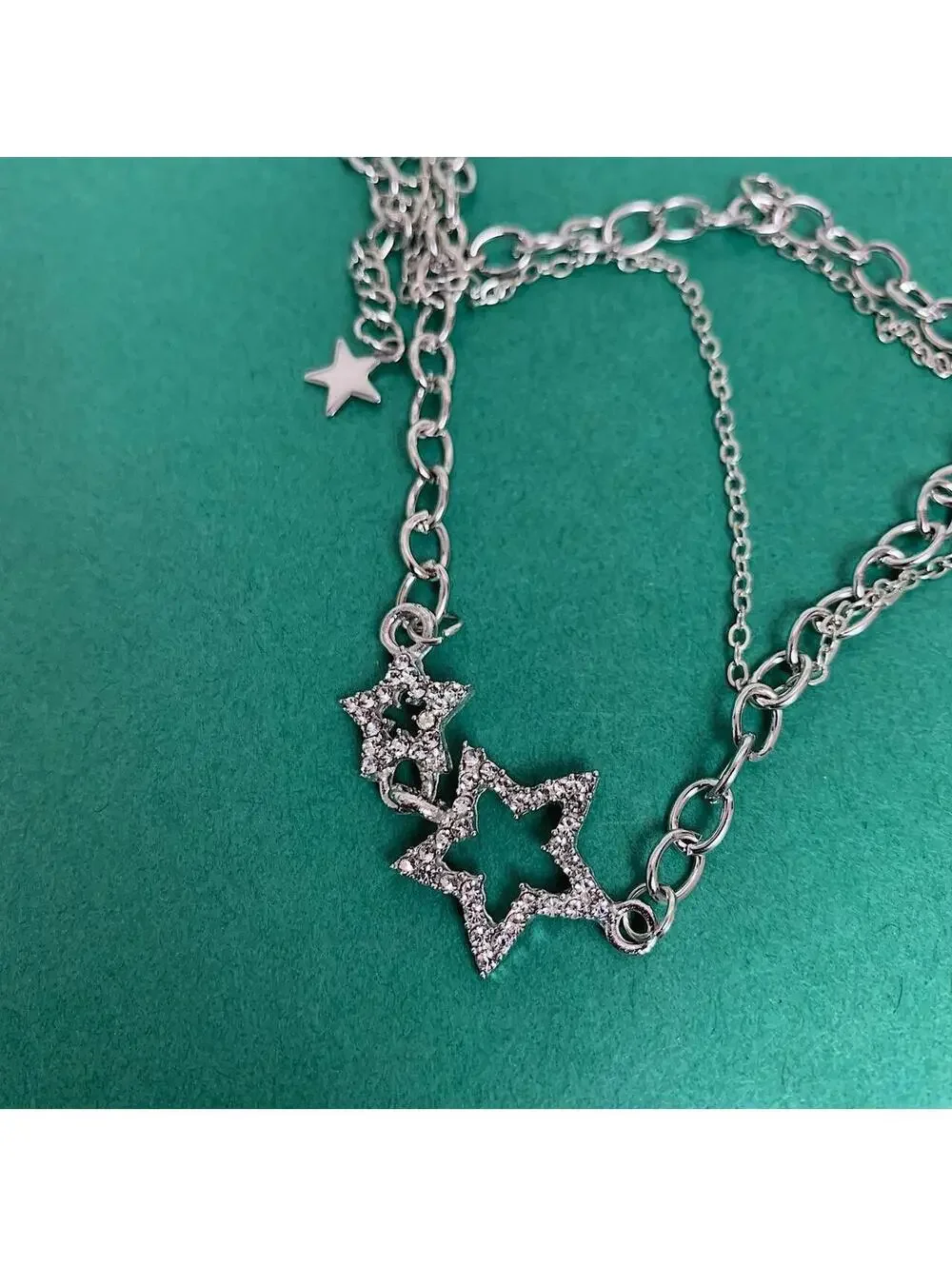 Y2k 2000s cyber rhinestone double star pendant layered chain necklace. Cool